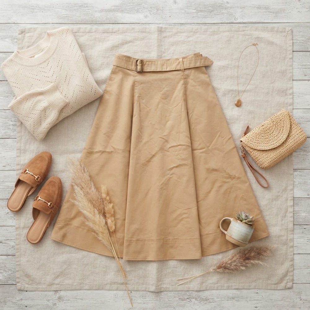 Uniqlo Womens Tan Khaki Belted A-Line Midi Skirt Size M 410936 Cotton Blend